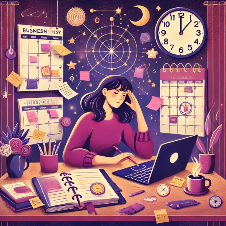 A vibrant and relatable illustration of a female entrepreneur who is juggling multiple tasks in her calendar. She is sitting at a desk with a laptop, discouraged