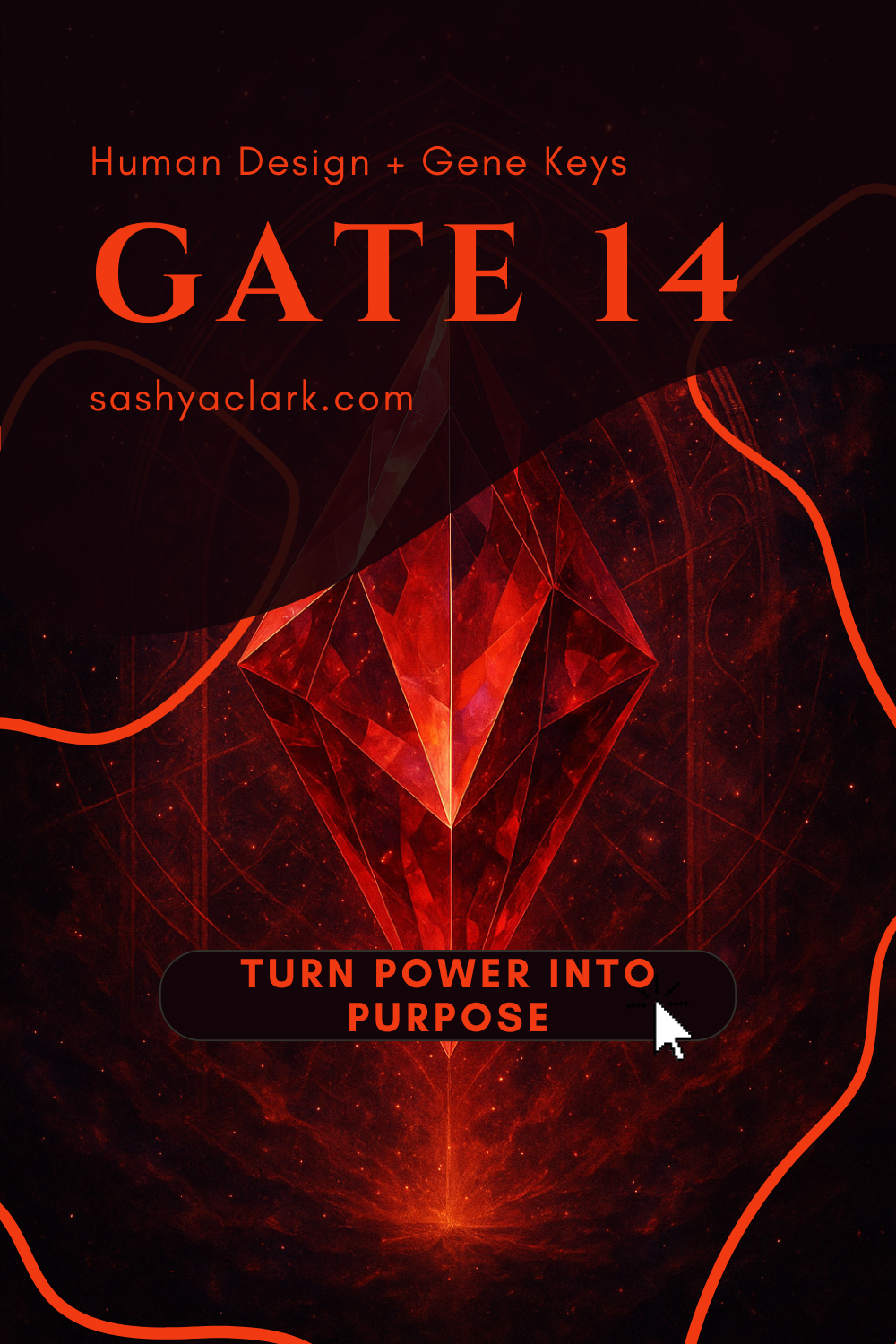 A glowing ruby-red multifaceted prism floating in a dark cosmic background, surrounded by ethereal light and subtle geometric patterns symbolizing the energy of Human Design Gate 14.