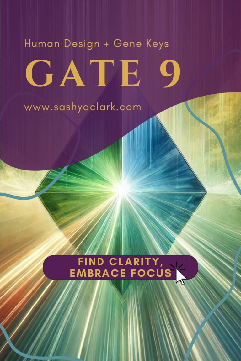 A serene and artistic representation of a prism, designed to embody the energy of Gate 9 – Focus. The prism should radiate soothing shades of emerald. The text says, "Find Clarity, Embrace Focus"