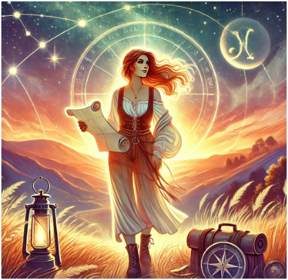 A woman in flowing bohemian travel attire holds a rolled map beneath a glowing astrology wheel and starry sky, with a Sagittarius moon symbol, lantern, and compass nearby: the seeker archetype for Sagittarius season in Human Design and Gene Keys.