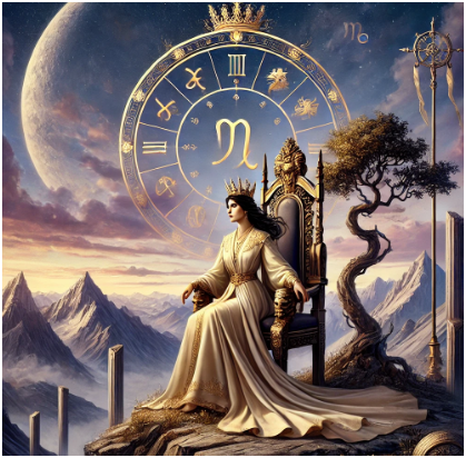Crowned woman in white and gold robes seated on a mountaintop throne, haloed by a glowing gold zodiac wheel, evoking Capricorn season and the Royal Brand Archetype.