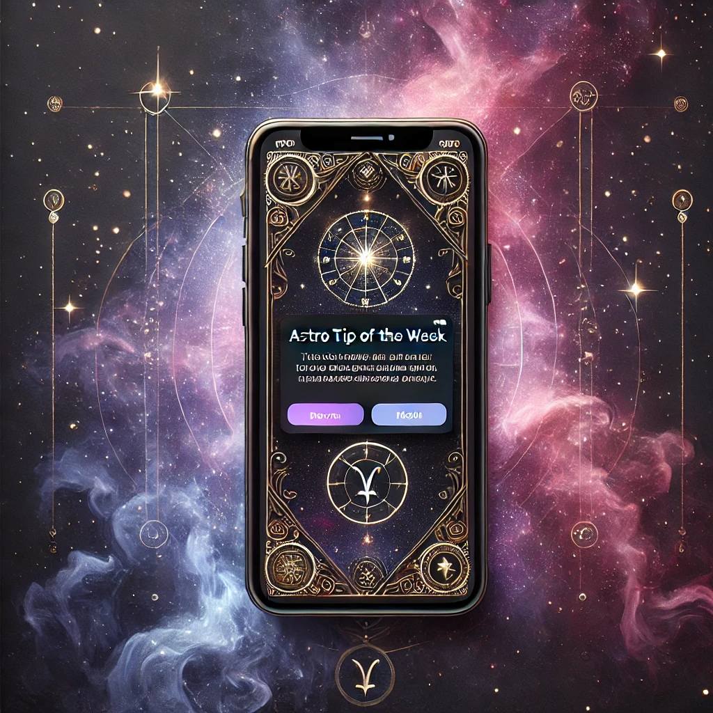 A mystical and minimalistic image showcasing a cosmic-themed phone screen receiving a text message. The background is a blend of deep celestial colors.