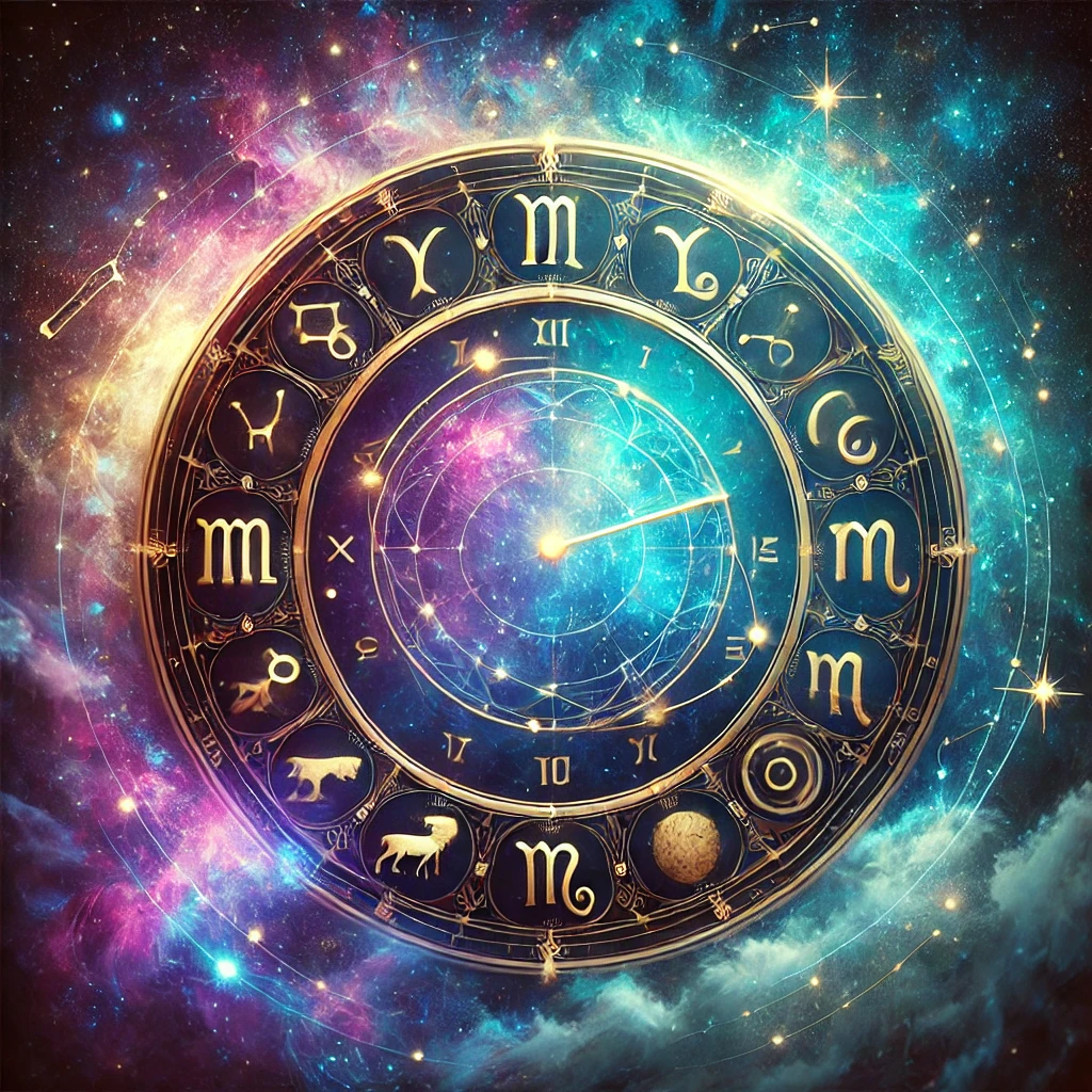 A visually stunning cosmic clock or calendar design, blending ethereal and mystical elements. The clock face is adorned with zodiac constellations.