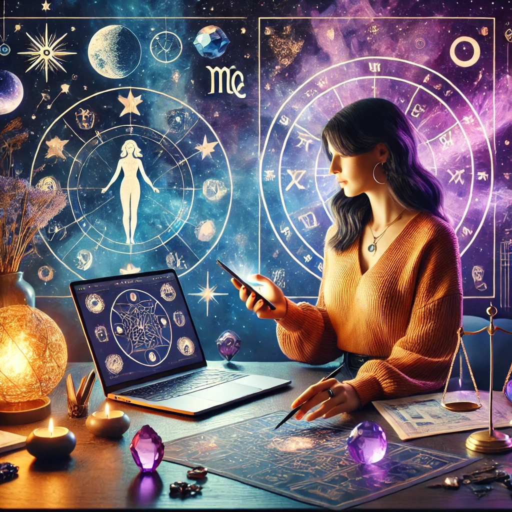 A vibrant and mystical hero image featuring a modern, spiritual female entrepreneur, Sarah, working at her desk. She has a laptop open with astrologic wisdom surrounding her.