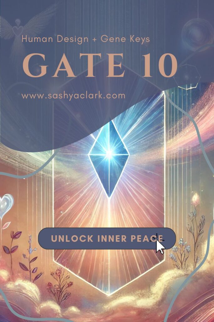 an artistic and serene illustration of Gate 10 – The Gate of Self Love. The image should features a central prism refracting light in gentle peach pastels.