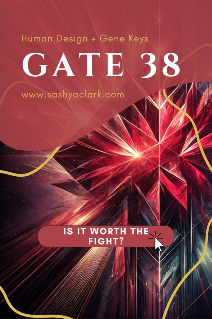  A mystical prism refracting bold shades of crimson and black, symbolizing strength and resilience. The prism is set against a dark, ethereal background illustrating Human Design and Gene Keys Gate 38