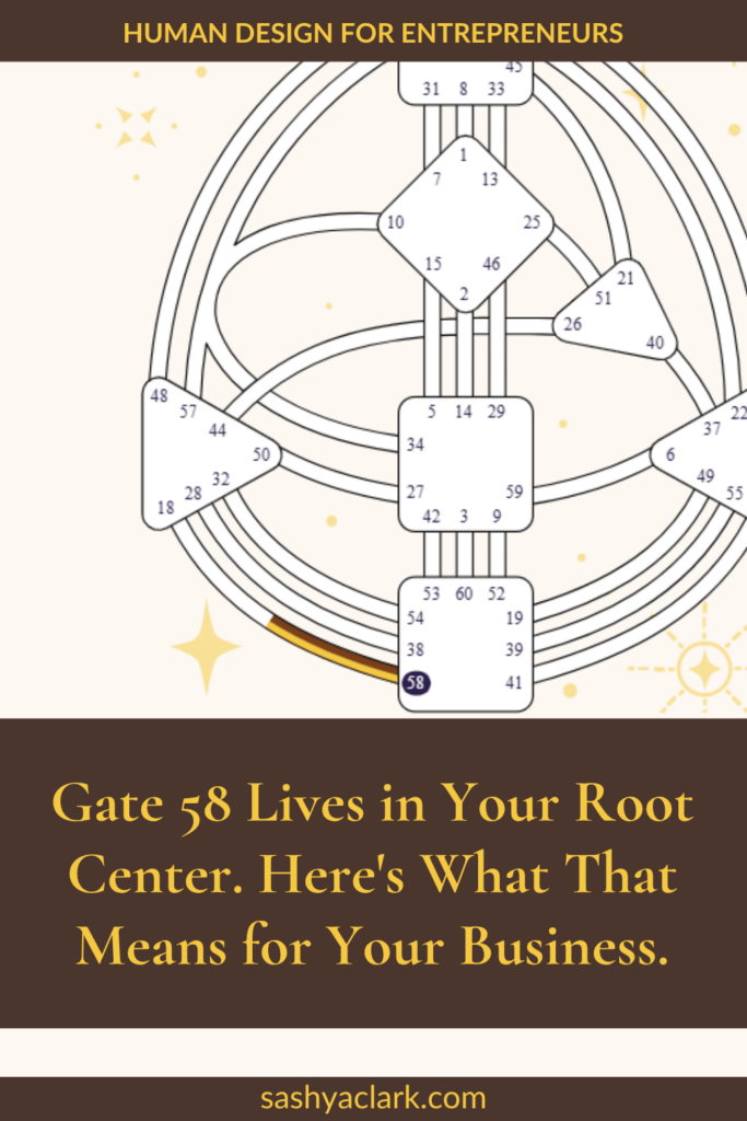Human Design bodygraph chart zoomed on the Root Center, with Gate 58 highlighted, on a pin titled "Gate 58 Lives in Your Root Center. Here's What That Means for Your Business," from sashyaclark.com.