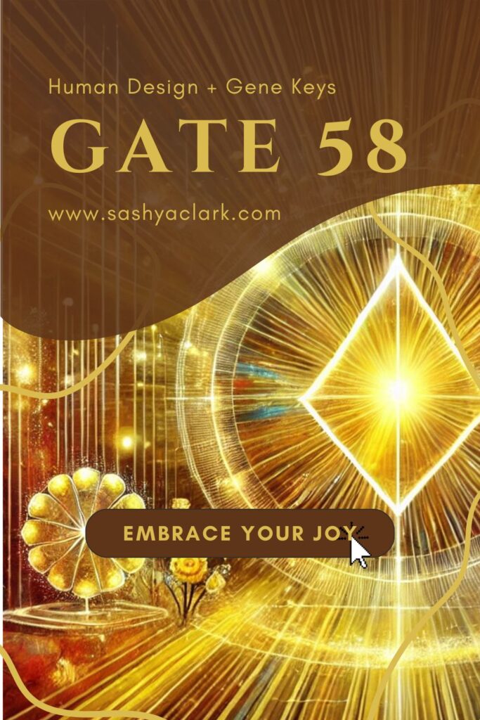 An artistic and vibrant illustration representing Gate 58 – The Joyous. The image features a central prism refracting light in yellows