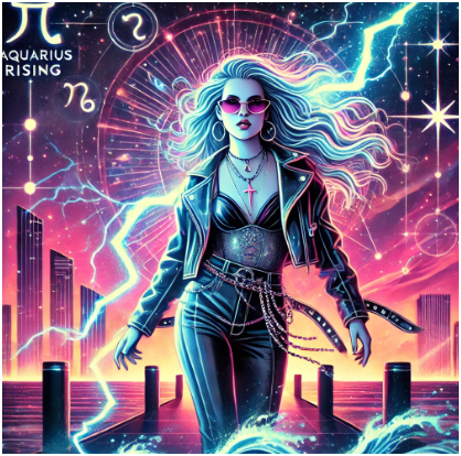 Illustrated woman with pale blue hair and a leather jacket standing under lightning on a boardwalk, with a glowing zodiac wheel behind her: bold Aquarius season energy.