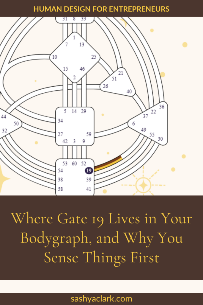 A cream Human Design bodygraph mandala with Gate 19 highlighted in a dark navy circle and gold sparkle accents, under a brown header reading "Human Design for Entrepreneurs." The text reads, "Where Gate 19 Lives in Your Bodygraph, and Why You Sense Things First. sashyaclark.com"