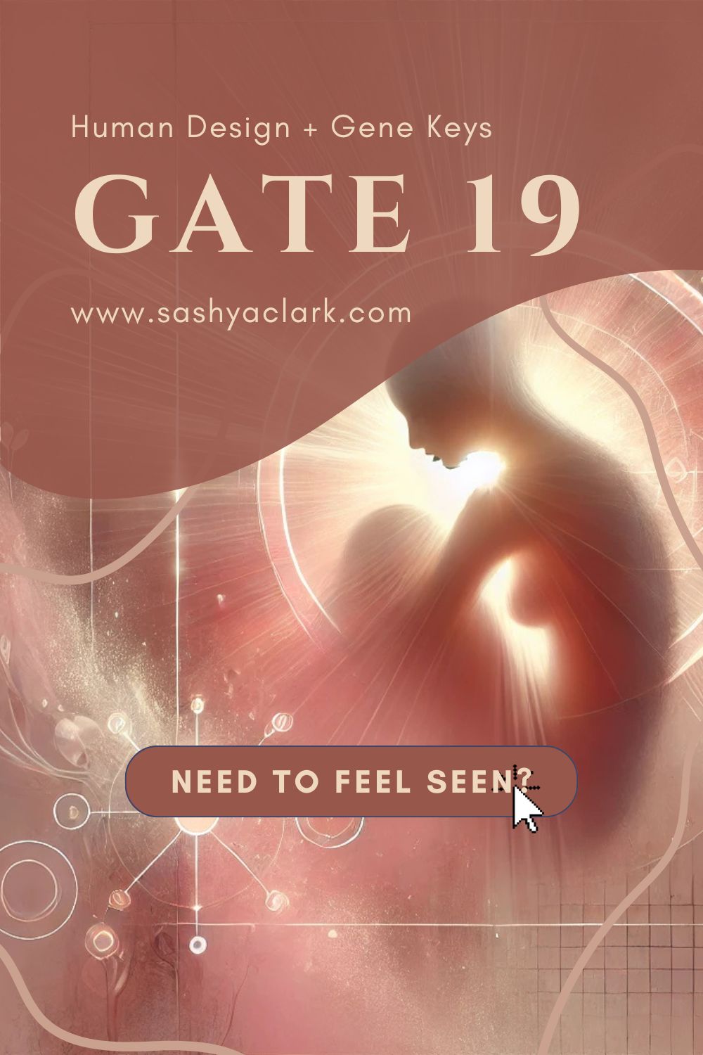 An artistic representation of Human Design Gate 19 - Wanting, in soft, blush tones. The image features a serene and introspective figure surrounded by light.