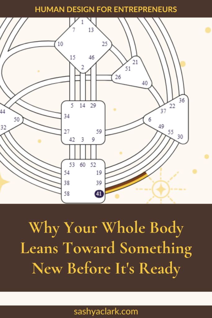 Human Design bodygraph diagram with all nine energy centers and gate numbers, Gate 41 highlighted in the Root Center at the bottom. Text reads 'Human Design for Entrepreneurs' and 'Why Your Whole Body Leans Toward Something New Before It's Ready,' sashyaclark.com.