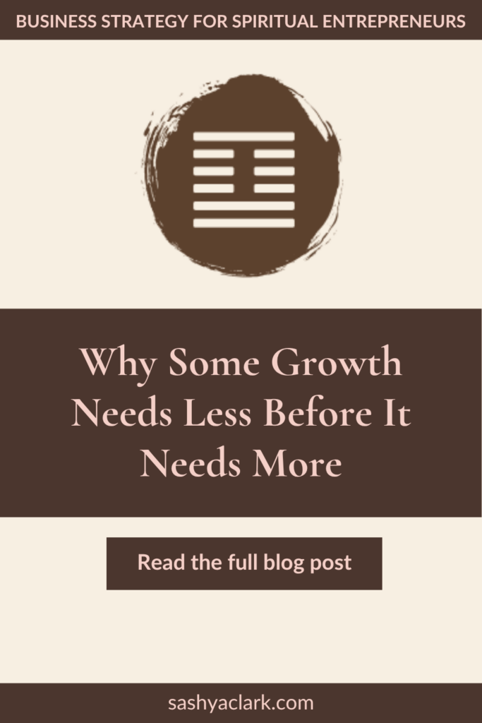 Ink-brush stamped circle with a stylized I-Ching hexagram symbol representing Hexagram 41, Decrease, above the text 'Why Some Growth Needs Less Before It Needs More' and a 'Read the full blog post' button. Header reads 'Business Strategy for Spiritual Entrepreneurs,' sashyaclark.com.