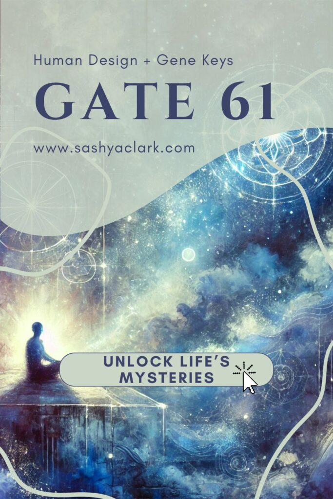 A mystical and ethereal depiction of Gate 61, symbolizing mystery and the unknown. The image features deep, mysterious indigo tones with layers of light, with a person poised in meditation.