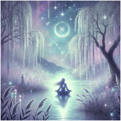 Dreamy pastel illustration of a glowing figure meditating in lotus pose on still water beneath weeping willow trees, with the Pisces glyph glowing teal inside a triangle in a starry violet sky representing the Brand Archetype Sage.