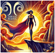 Woman in a flowing red cape standing on a cliff edge before a radiant orange and gold sunburst, labeled "00 Aries Rising," symbolizing the Aries transit in Human Design and astrology for entrepreneurs. She represents the Hero Brand Archetype.