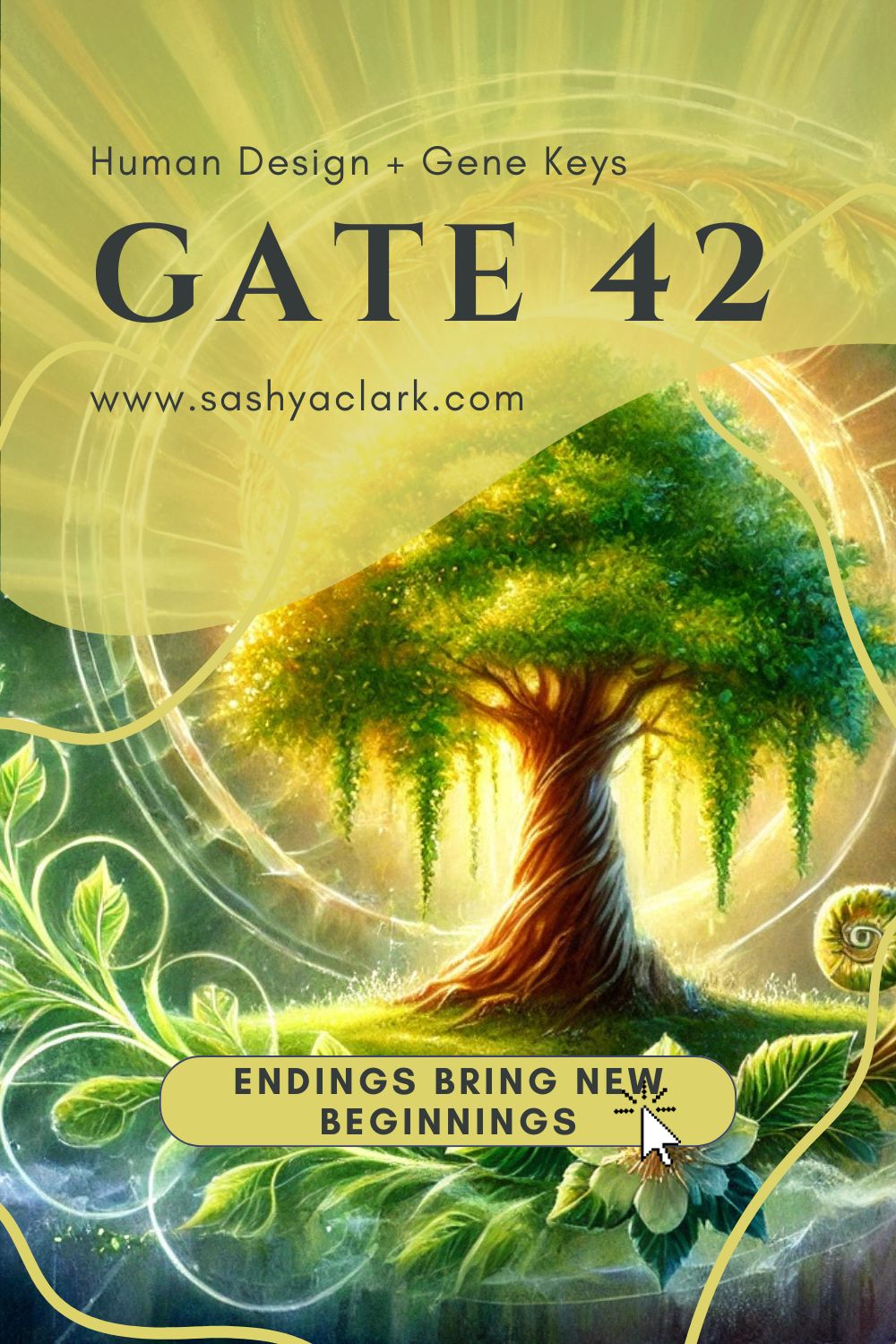 A mystical, watercolor-style illustration representing Gate 42 - Growth. The image features vibrant shades of lush green, symbolizing expansion and rebirth. There is a tree in the center, surrounded by a swirl of vegetation and growth