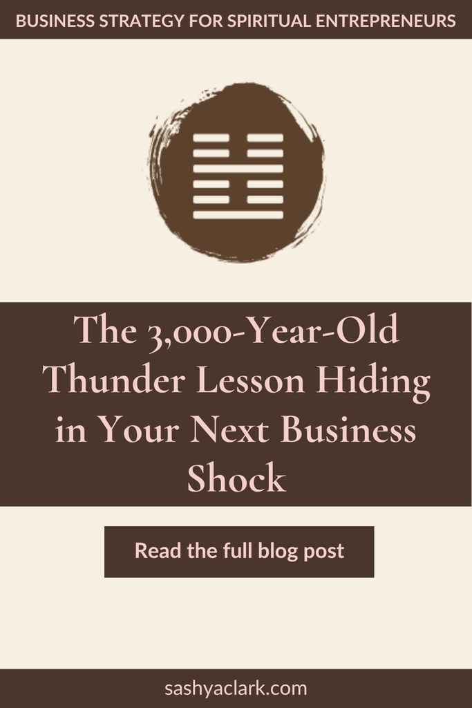 The I Ching hexagram symbol for Human Design Gate 51 in white lines on a brown circle, with the title "The 3,000-Year-Old Thunder Lesson Hiding in Your Next Business Shock" and a Read the full blog post button, from sashyaclark.com.