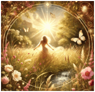 A women dancing in a field of flowers with the sun shining on her face to illustrate the energy of the Lover Brand Archetype and Taurus Season as interpreted by Sashya Clark Brand Strategist