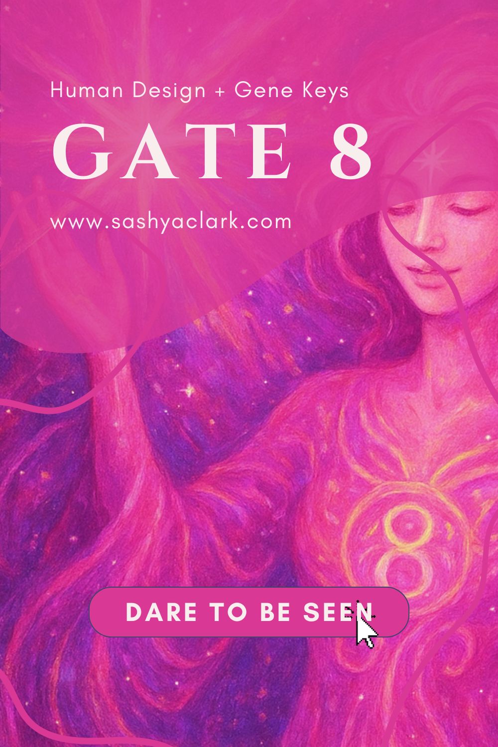 An ethereal illustration of a woman with the number 8 on the bodice of her dress, and golden light coming from each of her hands as she creates what she sees in her imagination. This imagery is designed to help us understand the energy of Gate 8 in Human Design and Gene Keys
