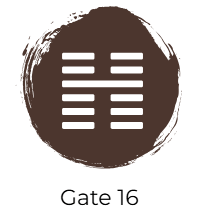 A brown circle of paint with the iChing Hexagram of Gate 16 cut out in white.