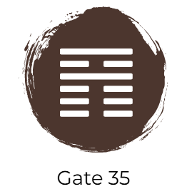 A brown circle of paint with the iChing Hexagram of Gate 35 cut out in white.