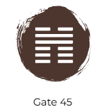 A brown circle of paint with the iChing Hexagram of Gate 45 cut out in white.