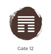 A brown circle of paint with the iChing Hexagram of Gate 12 cut out in white.