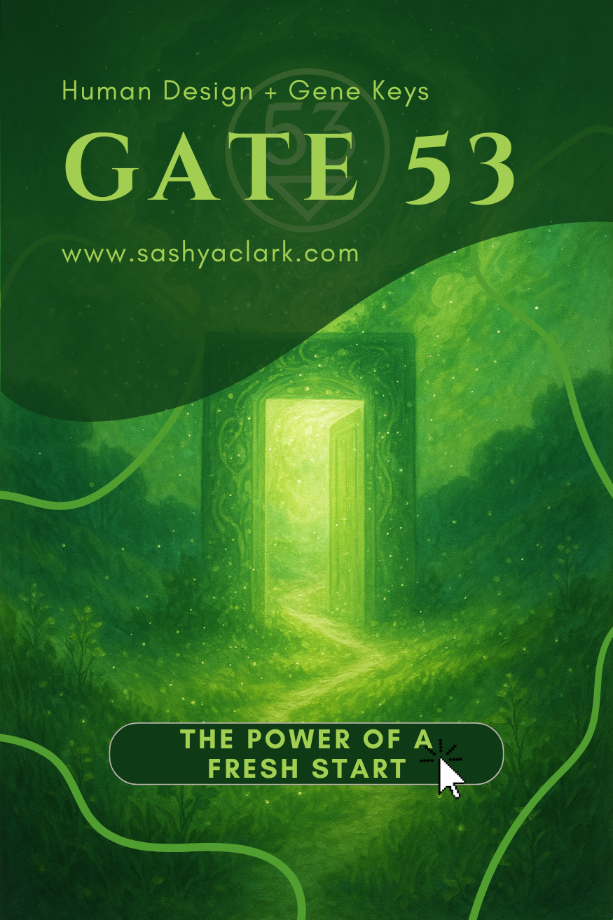 A mystical digital painting in ethereal cosmic symbolism style featuring a glowing spring-green pathway emerging from soft celestial clouds. A radiant symbol representing Gate 53 hovers above, surrounded by stars and shimmering light, evoking the energy of new beginnings, growth, and possibility. The words 'Start Something That Lasts' appear in elegant script, inviting viewers into a journey of transformation and spiritual renewal.