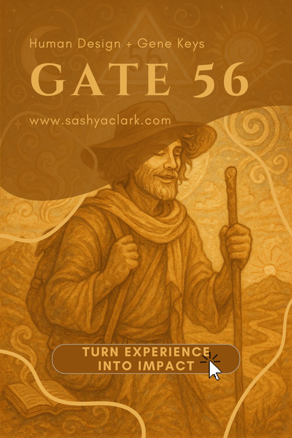 Mystical digital painting of a cosmic traveler with a staff, walking beneath a golden sky filled with stars and symbols, evoking the storytelling energy of Human Design Gate 56.