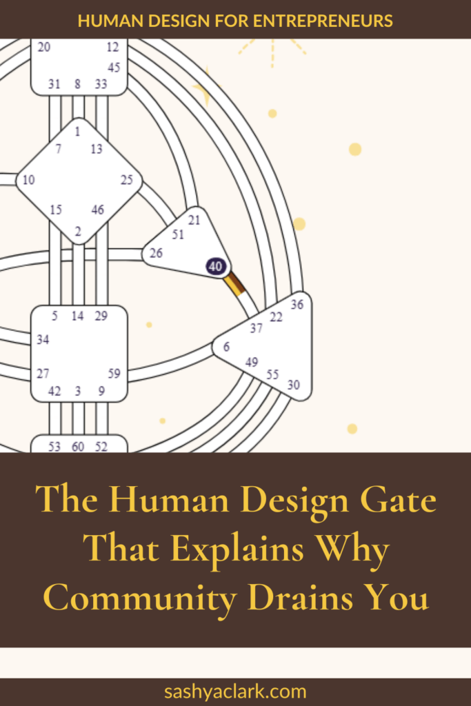 An image of the Human design bodygraph with Gate 40 defined. The text overlay says, "The Human Design Gate that explains why community drains you. sashyaclark.com"