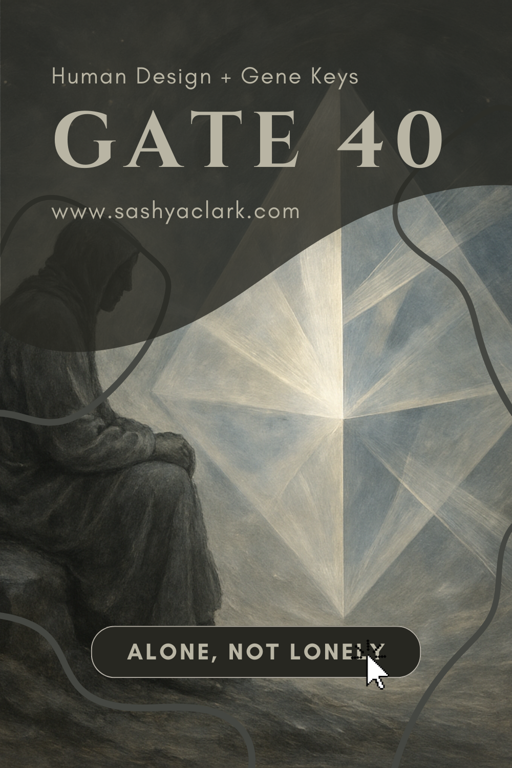 A glowing prism of light in muted grays radiates soft beams in a cosmic night sky, symbolizing Human Design Gate 40’s energy of solitude and self-reliance.