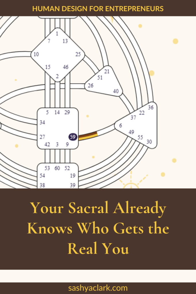 An image of the Human design bodygraph with Gate 59 defined. The text overlay says, "Your Sacral Already Knows Who Gets the Real You.  sashyaclark.com"