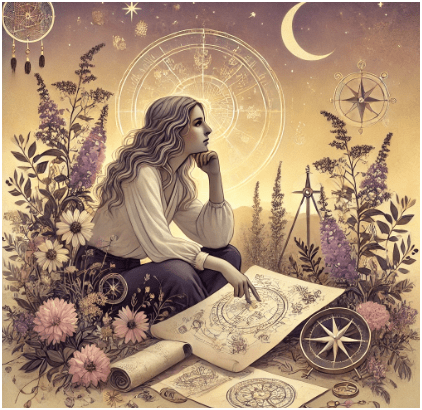 Illustration of a contemplative woman in a moonlit garden studying an astrological chart, surrounded by flowers, compass symbols, celestial maps, and a crescent moon, representing the Virgo Innocent archetype, astrology, intuition, and sacred self-discovery.