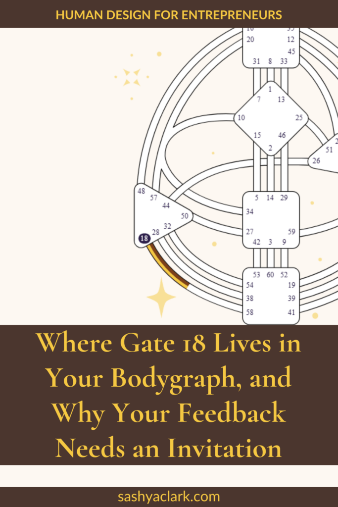An image of the Human design bodygraph with Gate 18 defined. The text overlay says, "Where Gate 18 lives in your bodygraph, and why your feedback needs an invitation. sashyaclark.com"