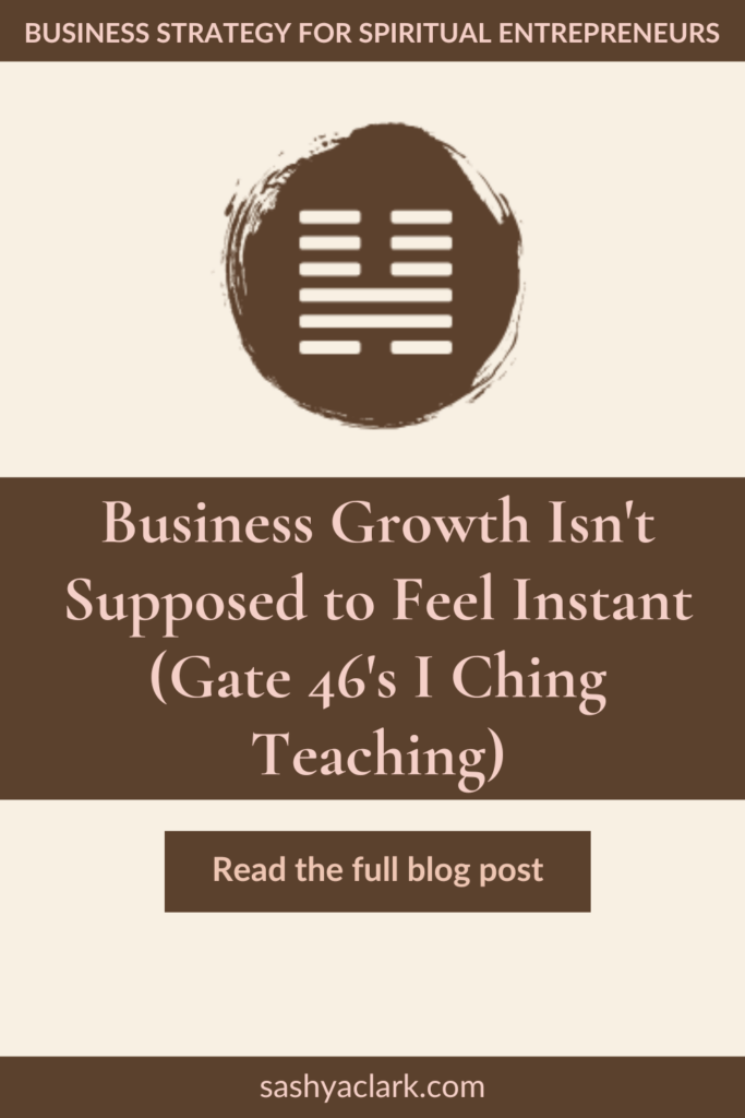 A brown circle of paint with the iChing Hexagram of Gate 6 cut out in white. The text reads, "Business Growth Isn't Supposed to Feel Instant, Gate 46 in the iChing. Read the Full blog post at sashyaclark.com"