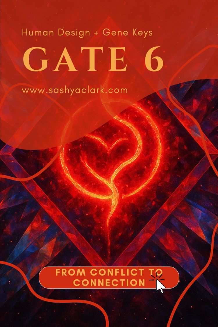 Ethereal cosmic artwork glowing in vibrant red tones, showing two abstract figures surrounded by prismatic light and starlit patterns, symbolizing the Human Design Gate 6 energy of conflict, intimacy, and transformation into harmony.