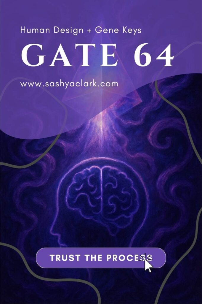 Ethereal prismatic artwork in deep violet and indigo, swirling cosmic light and mist symbolizing Human Design and Gene Keys Gate 64’s journey from confusion to clarity.