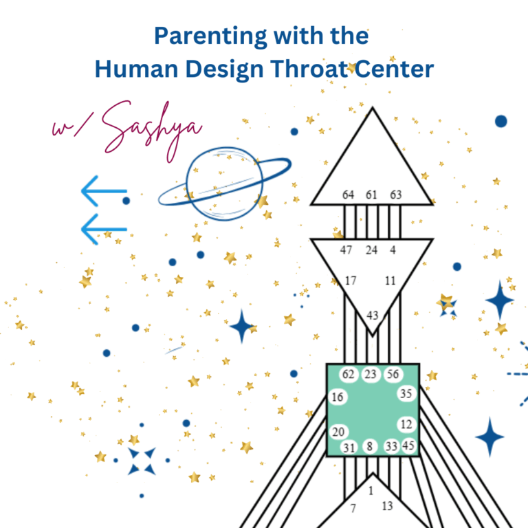 A Human Design bodygraph image illustrating a defined Throat Center. The text reads, "Parenting with the Human Design Throat Center with Sashya"