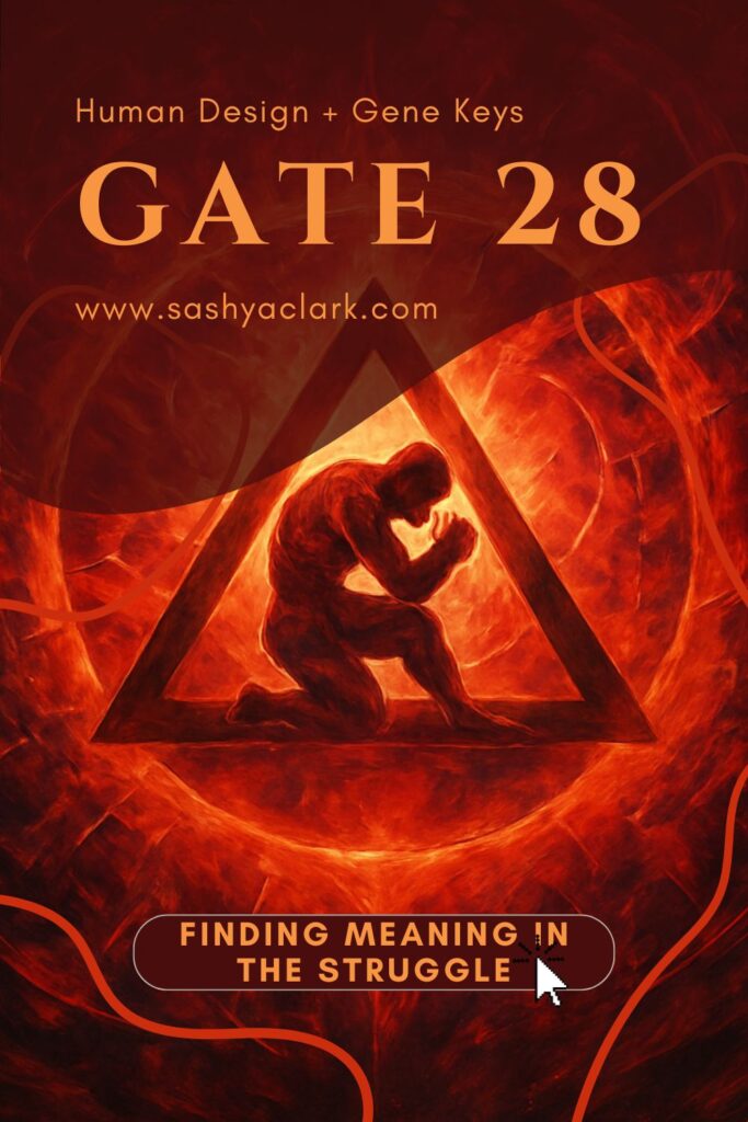 A prismatic cosmic illustration in deep crimson tones depicting the energy of struggle and transformation. A radiant human figure kneels within a glowing triangular frame surrounded by swirling red light, symbolizing courage, endurance, and rebirth—representing Human Design Gate 28, The Struggle.