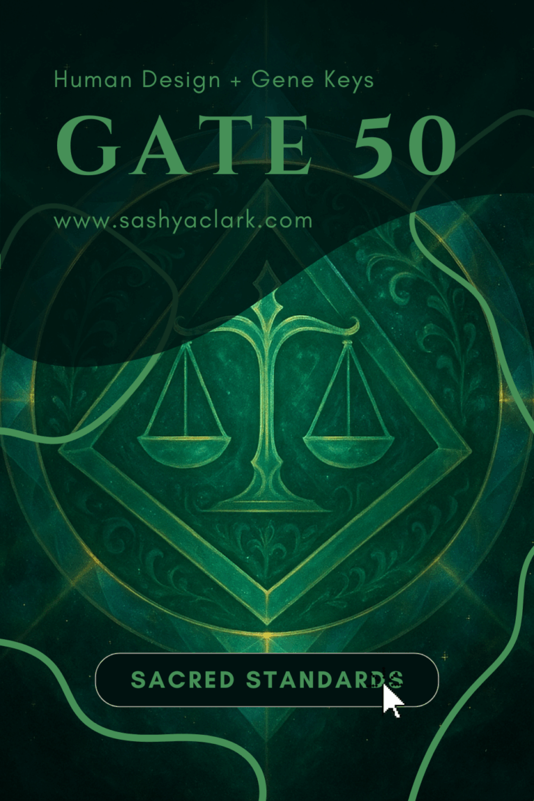 A luminous emerald and gold cosmic image symbolizing Human Design Gate 50. A radiant prism emits beams of green and golden light over a celestial backdrop of swirling stars and mist. At the center, a glowing geometric scale within a triangle represents balance, integrity, and values. The scene feels sacred, harmonious, and protective, evoking the energy of ethical responsibility and spiritual alignment.