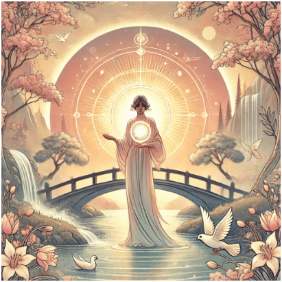 A serene woman standing in the water by a bridge illustrating the balance of the Girl Next Door Libra Brand Archetype according to Sashya Clark Brand Strategist
