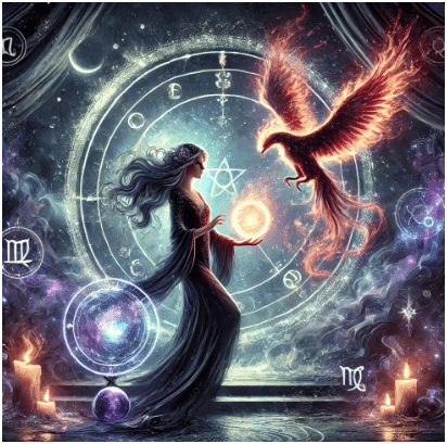 A magician woman with a phoenix illustrating the Brand Archetype of the Magician in Scorpio according to Sashya Clark Brand Strategist