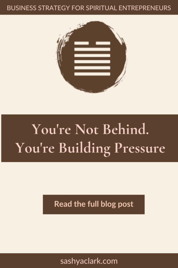 A brown circle of paint with the iChing Hexagram of Gate 43 cut out in white. The text reads, "You're not behind. You're building pressure, read the full blog post. sashyaclark.com"