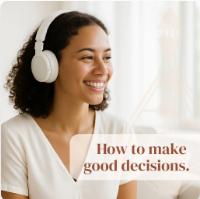 Ethnic woman smiling with headphones on, listening to audiobook titled "How to Make Good Decisions" — a Human Design guide to emotional authority and decision-making clarity.