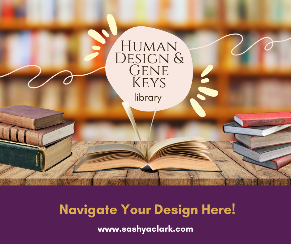 Warm library shelves in the background with text prompting viewers to dive into the Human Design and Gene Keys Gate Library