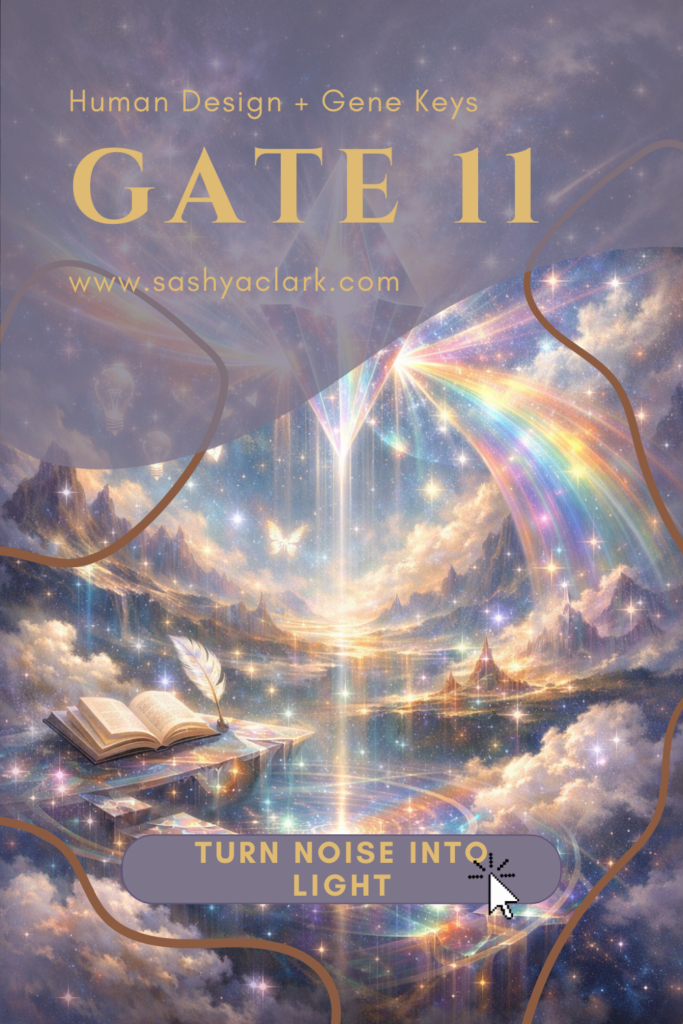 Prismatic crystal refracting soft silver and rainbow light in a cosmic sky, symbolizing inspiration, ideas, and mental clarity for Human Design Gate 11
