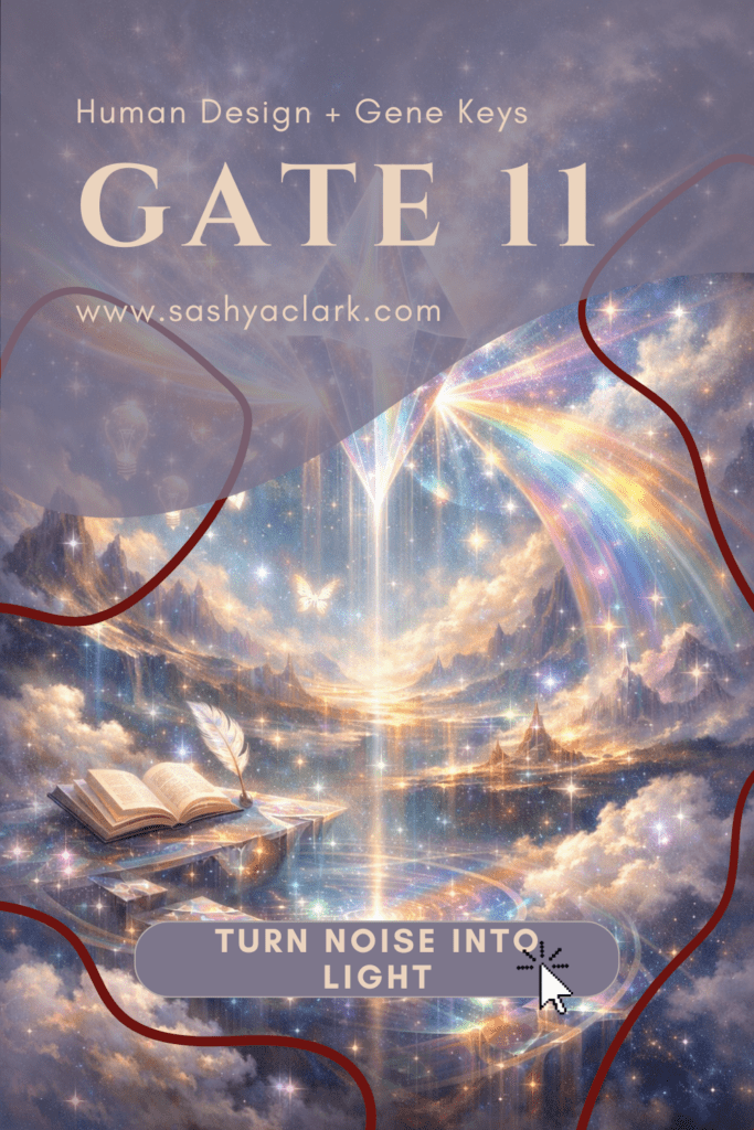 Prismatic crystal refracting soft silver and rainbow light in a cosmic sky, symbolizing inspiration, ideas, and mental clarity for Human Design Gate 11