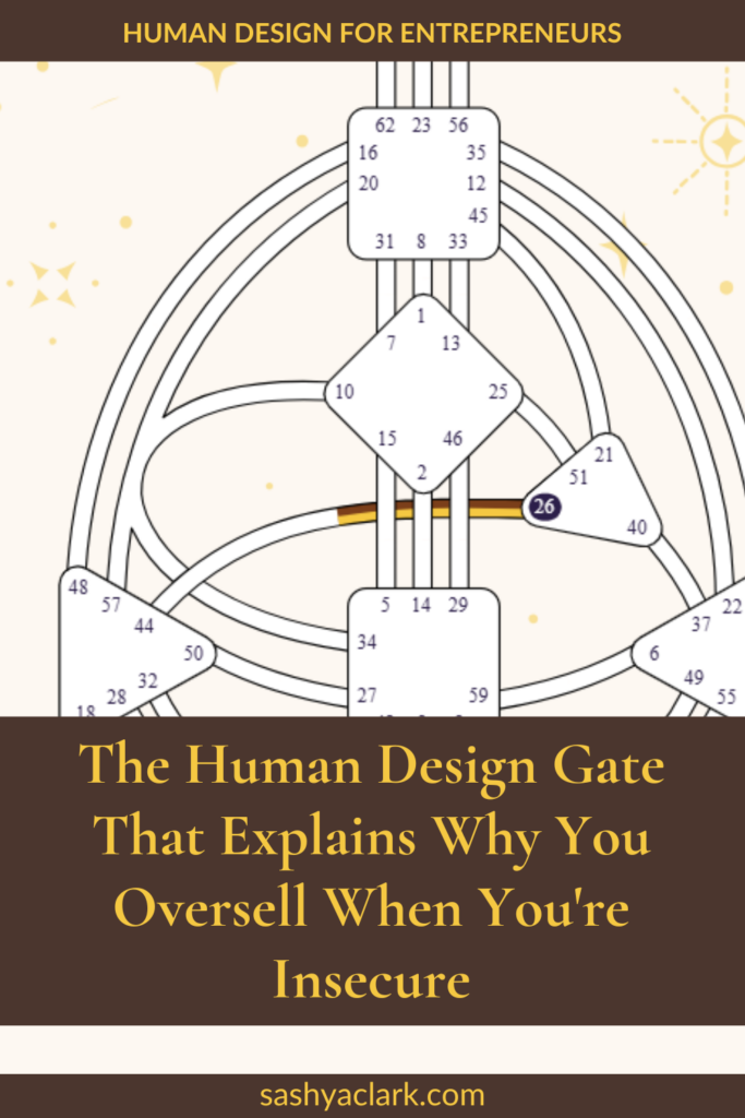 Pinterest pin, Human Design for Entrepreneurs: bodygraph excerpt with Gate 26 highlighted in its channel to Gate 44, headline: the Human Design gate that explains why you oversell when you're insecure, sashyaclark.com