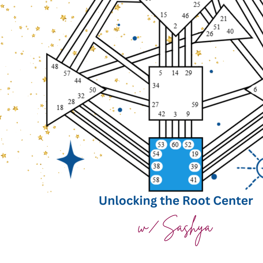 An image of the Human Design bodygraph with the Root center, the square at the very bottom of the bodygraph, defined.  The caption says, "Unlocking the Root Center with Sashya"